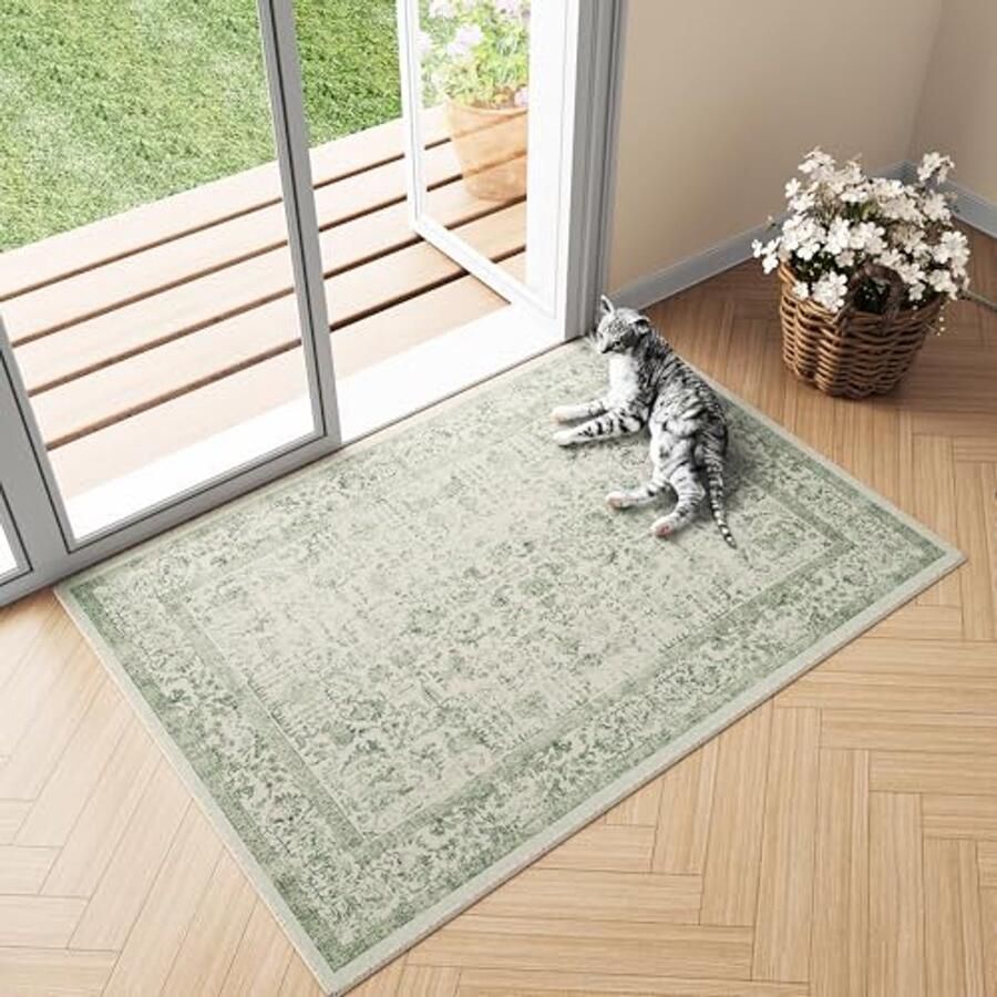 Vintage Entree Tapijt Groen 60x90cm Antislip Machinewasbaar voor Keuken en Slaapkamer