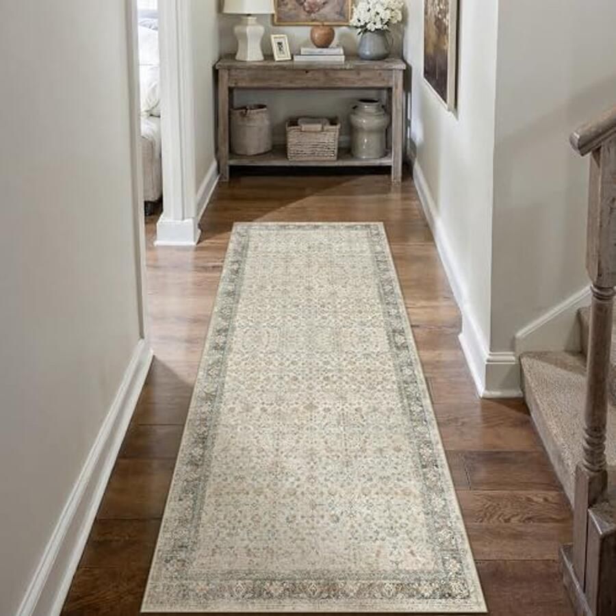 Vintage gangloper en vloerkleed 60 x 180 cm in beige en grijs – Wasbaar Antislip en Zacht Perfect voor Keuken en Slaapkamer