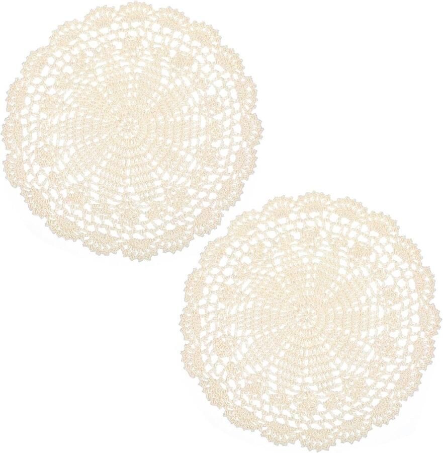 Vintage gehaakte matten kanten dekens 2 stuks beige ronde dekens haken tafelkleed kleine haken handgemaakte onderzetters voor keuken eetkamer feest café en boekhandel (24 cm)