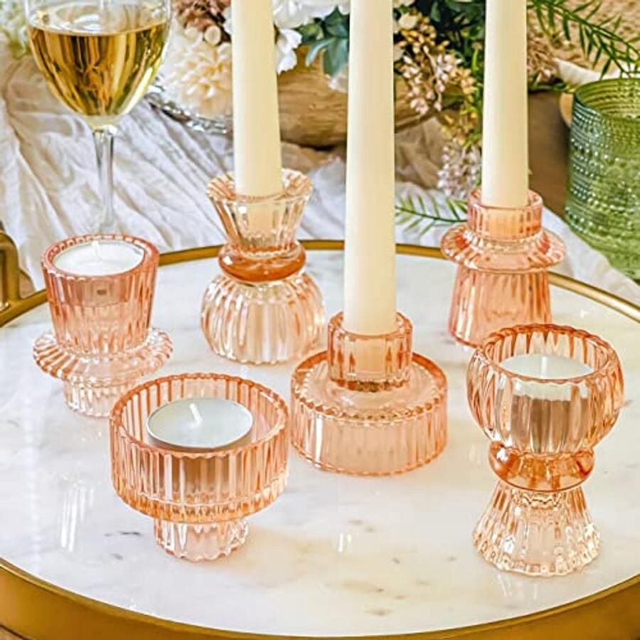 Vintage Geribbelde Roze Gouden Kandelaar Houders Set van 6 Multifunctionele Decoratie voor Eettafel en Plank