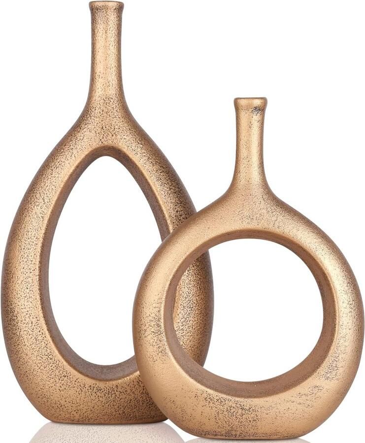 Vintage gouden keramische vaas set 2 moderne holle cirkel met gat bloemenvaas voor woondecoratie tafel middenstukken boerderij open haard woonkamer slaapkamer kantoor boekenplank interieur accessoires