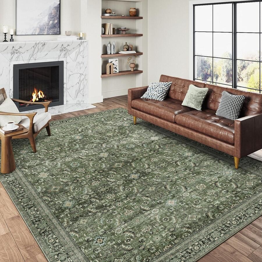 HUGEAR Vintage groen wasbaar tapijt woonkamer 200x300cm Retro tapijten voor woonkamer Zacht antislip groot tapijt kortpolig slaapkamertapijt woonkamer slaapkamer eetkamer tapijten kantoor