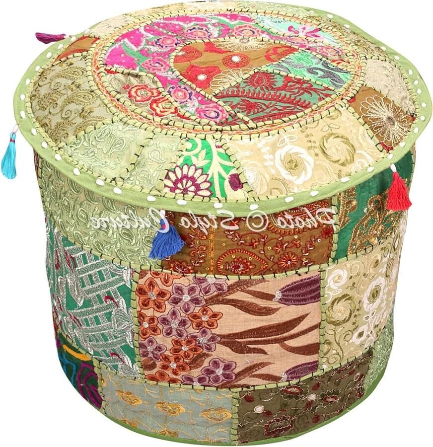 Vintage Groene Indiase Geborduurde Patchwork Katoen Poef Cover Traditionele Ronde Ottomaanse Cover met Ottomaans Poefje Voetenbank (16x16x13 Inch) 40cm