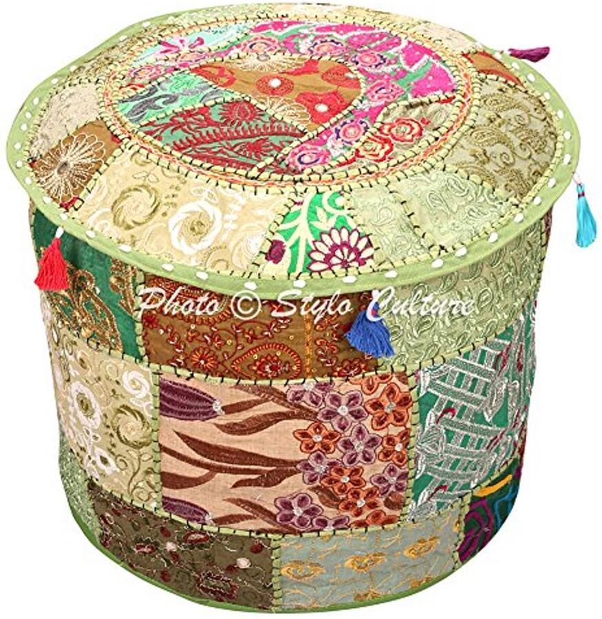Vintage Groene Indiase Geborduurde Patchwork Poef Cover