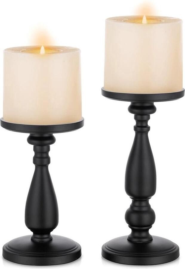 Vintage Groot Pijler Kandelaars Set van 2 Metalen Kandelaar Retro Matzwarte Kandelaarhouders Middelpunt Shabby Chique Ornamenten voor Koffie Eettafel Mantel Open Haard Decor