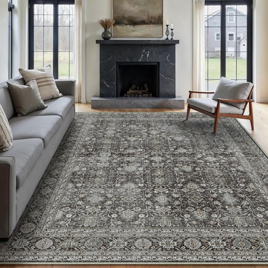 HUGEAR Vintage zwart wasbaar tapijt woonkamer 200x300cm Retro tapijten voor woonkamer Zacht antislip groot tapijt Kortpolig slaapkamertapijt woonkamer slaapkamer eetkamer tapijten kantoor