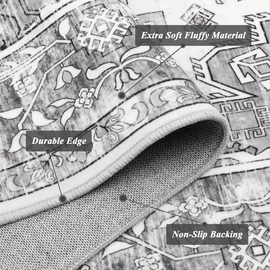 Vintage Groot vloerkleed 120 x 180 cm niet-pluizende print machinewasbaar antislip BoHo grijs vloerkleed