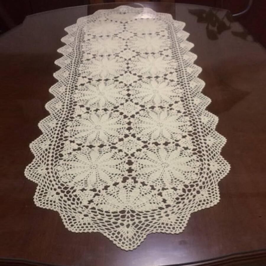 Vintage Hand Gehaakte Tafelloper Mat Beige Katoen 50x150cm