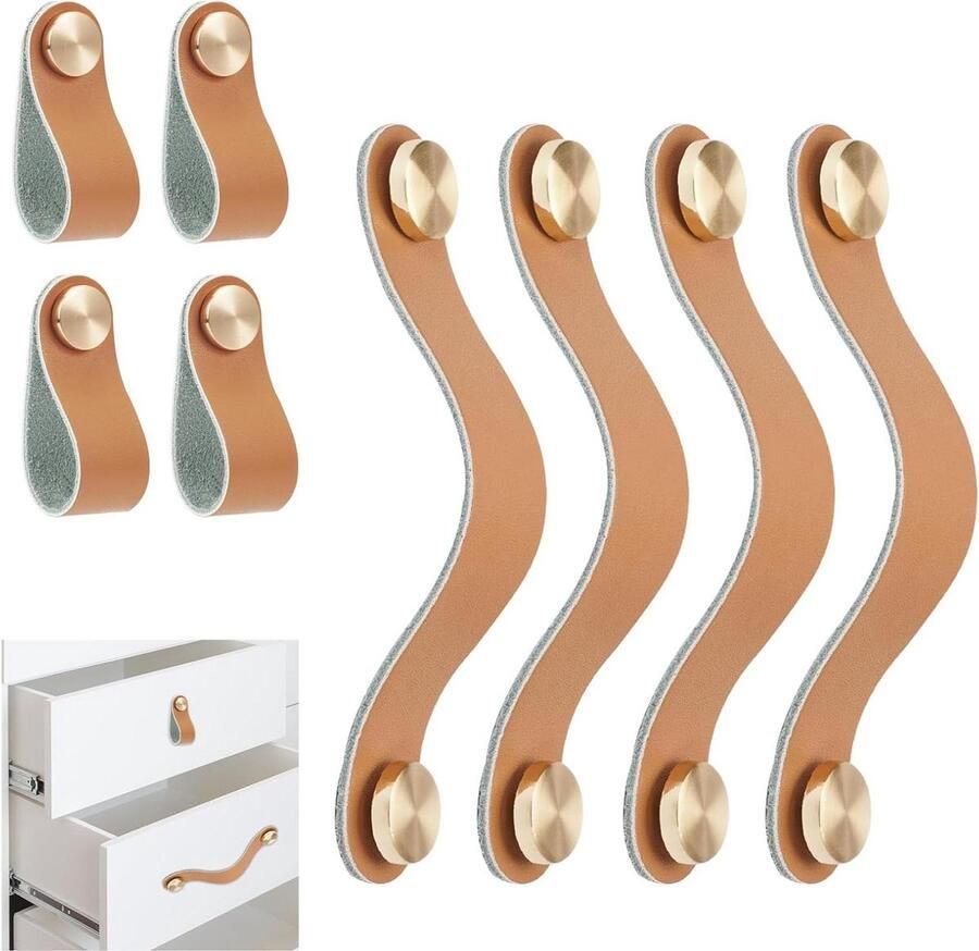 Vintage handgemaakte leren meubelgrepen set van 4 camel met schroeven voor kasten en commodes wandbehang
