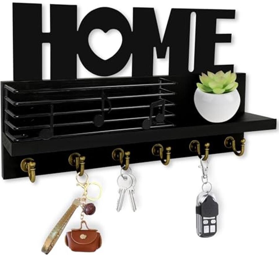 Vintage houten sleutelrek met plank en 6 haken Rustieke wanddecoratie voor je huis