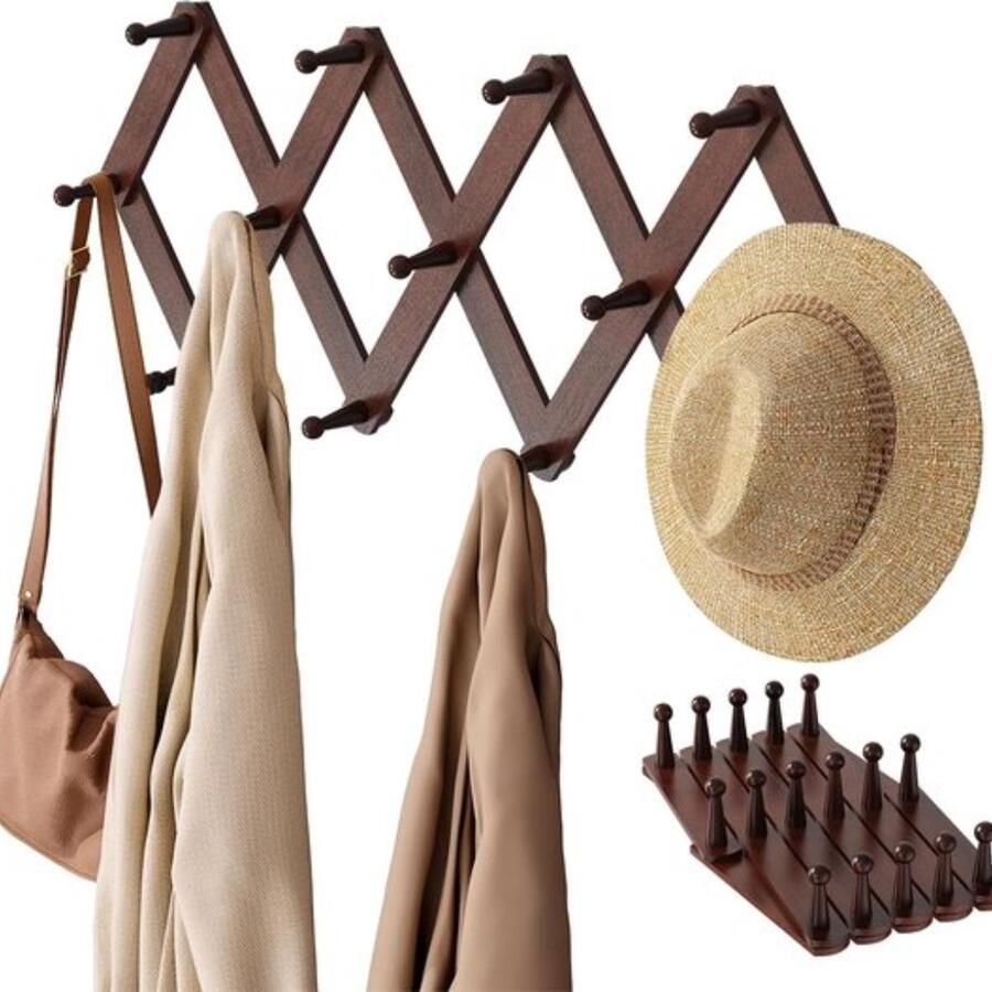 Vintage Houten Wandkapstok met 14 Uitschuifbare Haken voor Ruimtes