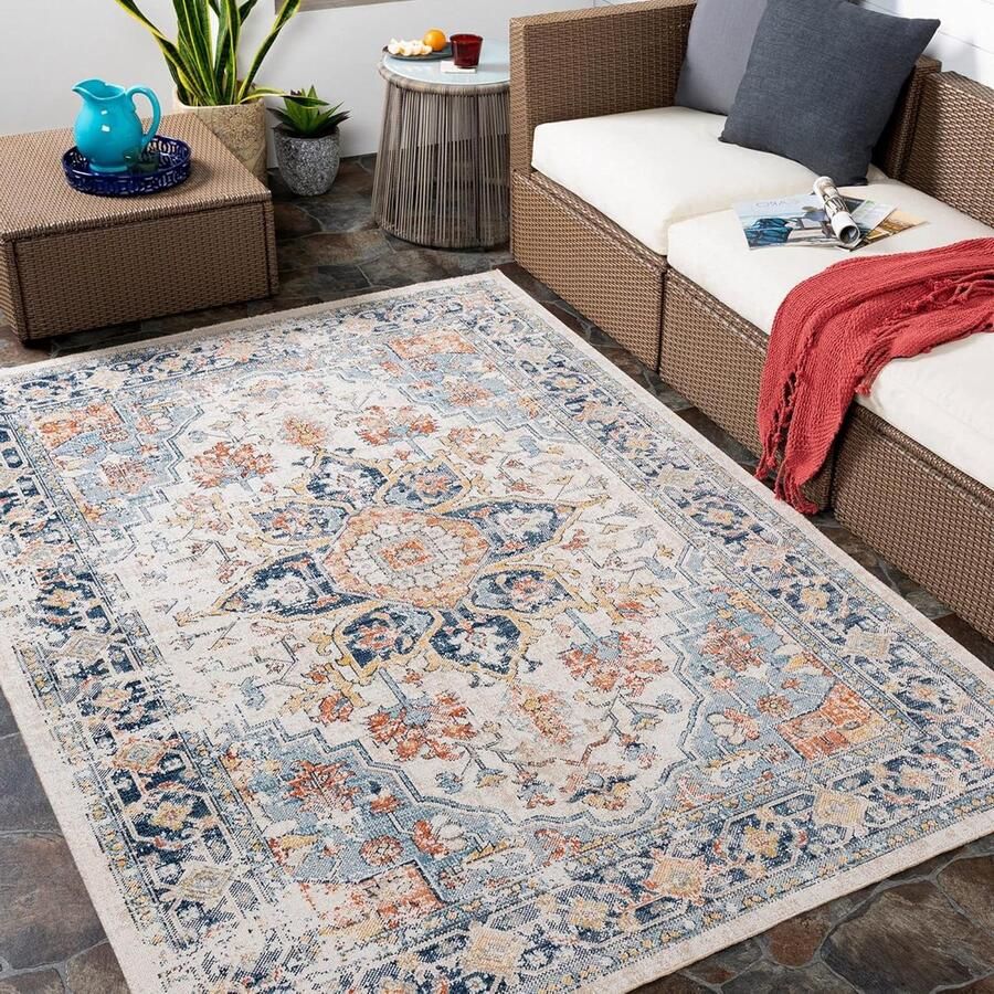 Vintage Indoor Outdoor Carpet Durable Shabby Chic Natural Rug UV Weather and Stain Resistant Safi Large Blue Rust Beige 120 x 170 cm