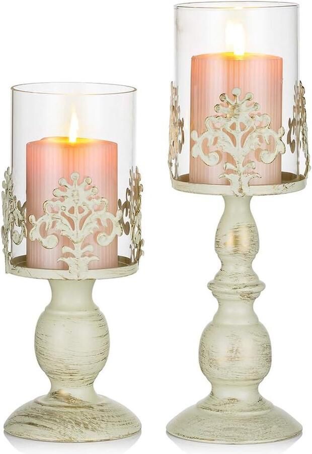 Vintage Kandelaars voor Tafels Pijler Kandelaar met Glazen Schermafdekking Antieke Orkaan Kandelaar Display voor Thuis Bruiloftsfeest Kaarslicht Diner Decoratie 2 Stuks