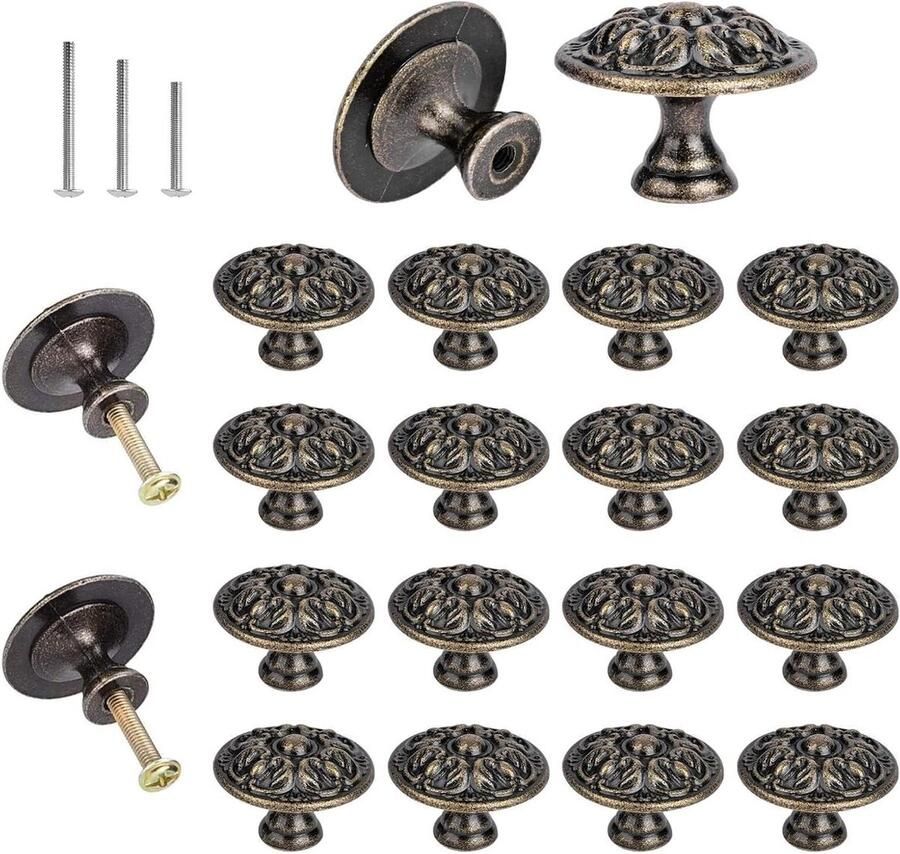 Vintage Kast Knoppen Retro Antiek Messing Bronzen Trekknop Set van 20 Bloemenbloesem Patroon