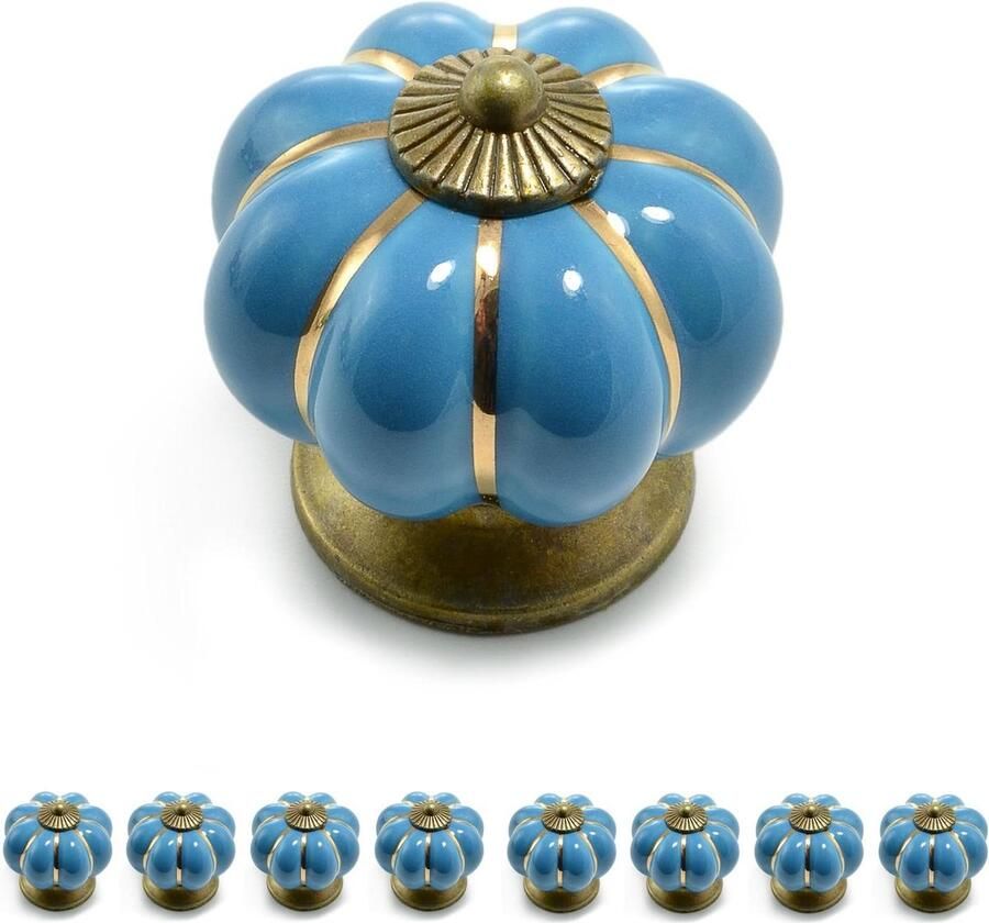 Vintage kastknop van keramiek Set meubelknoppen kroon porselein antieke bronzen versiering Set van 8 blauw
