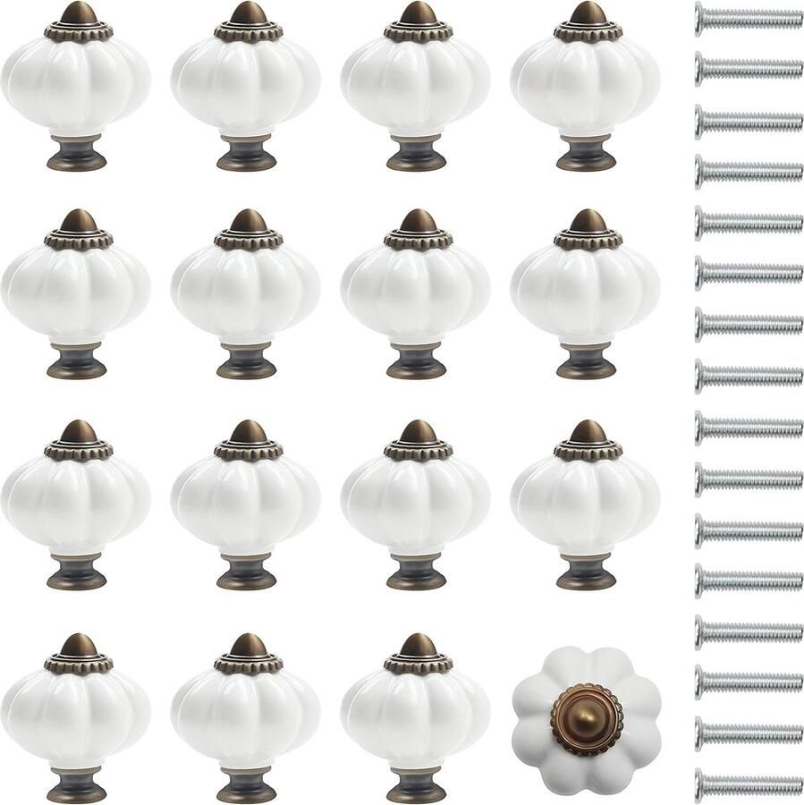 Vintage Keramische Deurknoppen Set 16 Stuks Wit en Brons Pompoenvorm