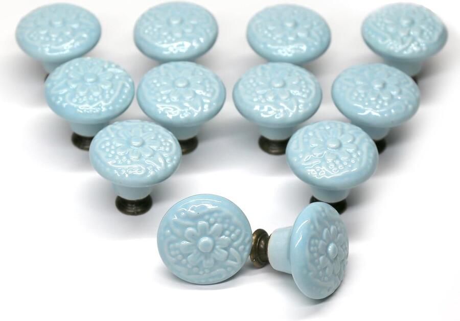 Vintage keramische kastknoppen 12 stuks lichtblauw 34 mm