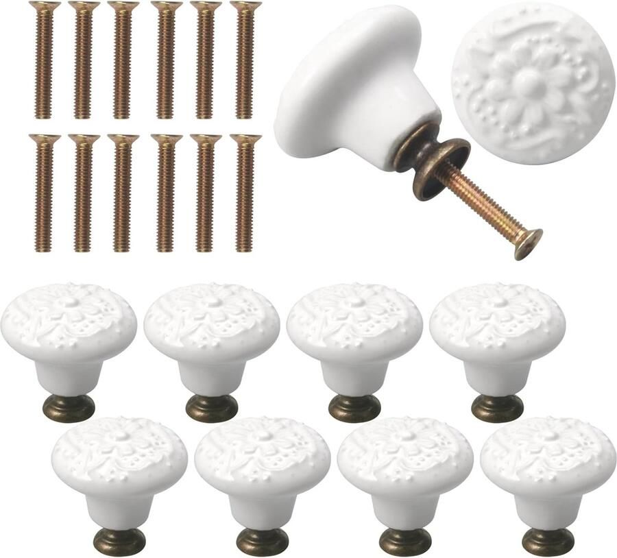Vintage Keramische Ladeknoppen 10 stuks Witte Meubelknoppen voor Kasten en Lades