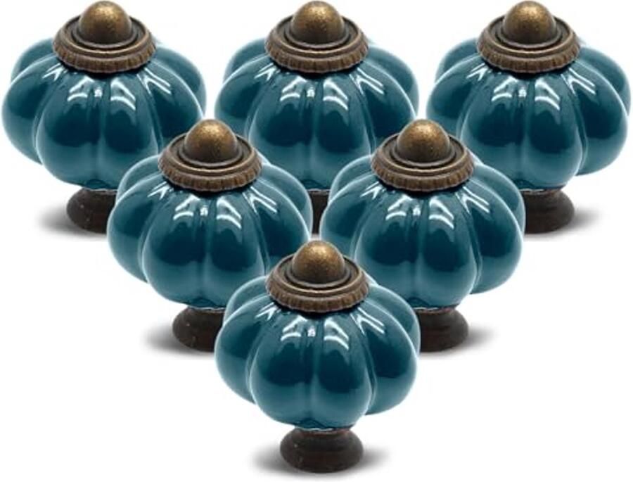 Vintage Keramische Pompoen Knoppen 12 Stuks Teal Deur- en Ladeknoppen
