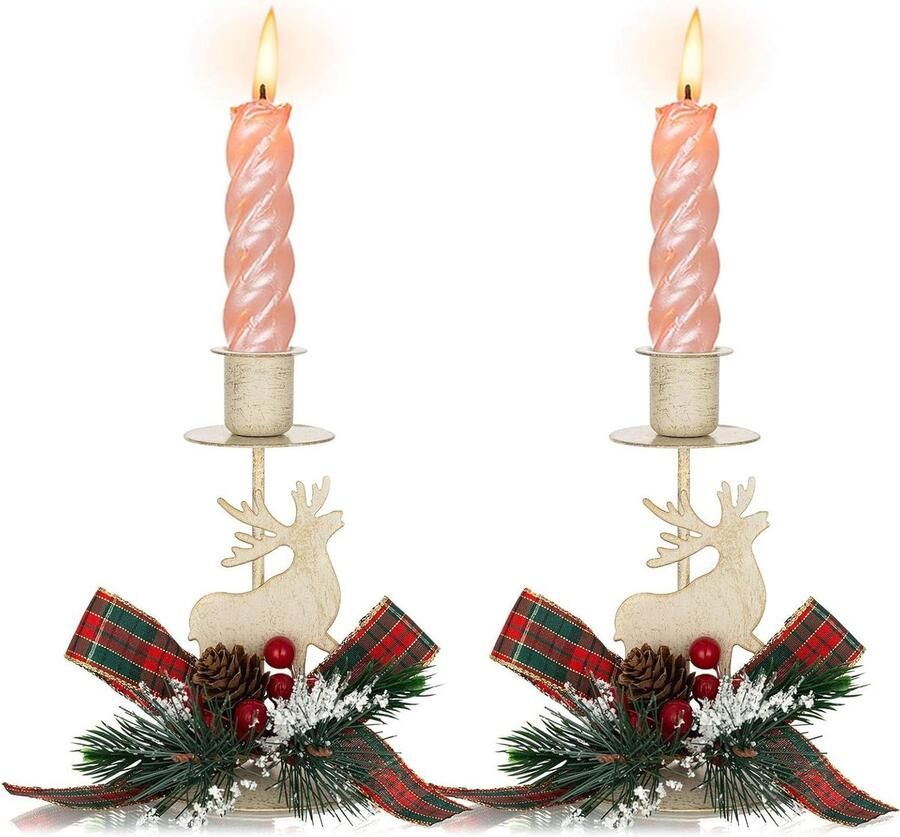 Vintage Kerst Kandelaar Houder Met Pinecone Strik Decoratieve Rendier Kaarsenstandaards voor Kerstdecoratie op Tafel Mantel of Schouw