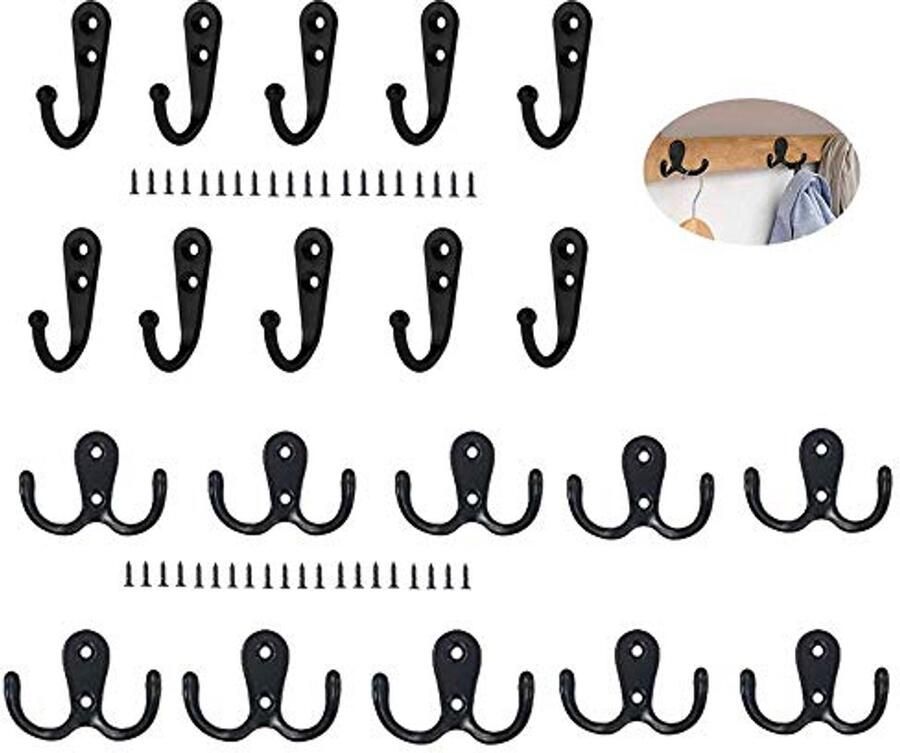 Vintage kledinghaken 20 stuks 10 dubbele haken en 10 enkele haken om te schroeven haken muur metalen hoedhaken kapstokken tuinhaken decoratieve haken voor badkamer keuken (zwart)