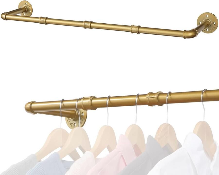 Vintage kledingstang voor wandmontage 90 cm industrieel design goudkleurig stevig en belastbaar