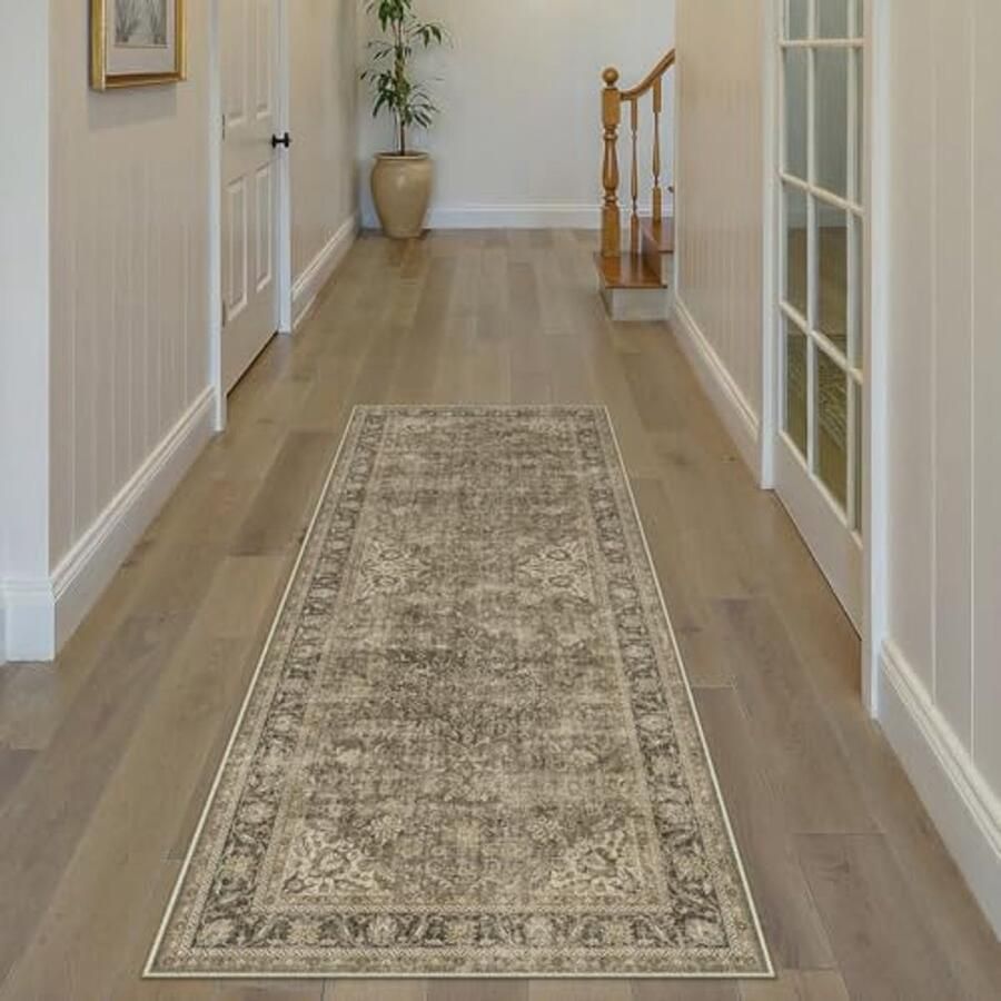 Vintage Loper Tapijt Bruin 60x180cm Machinewasbaar Antislip voor Woonkamer en Keuken