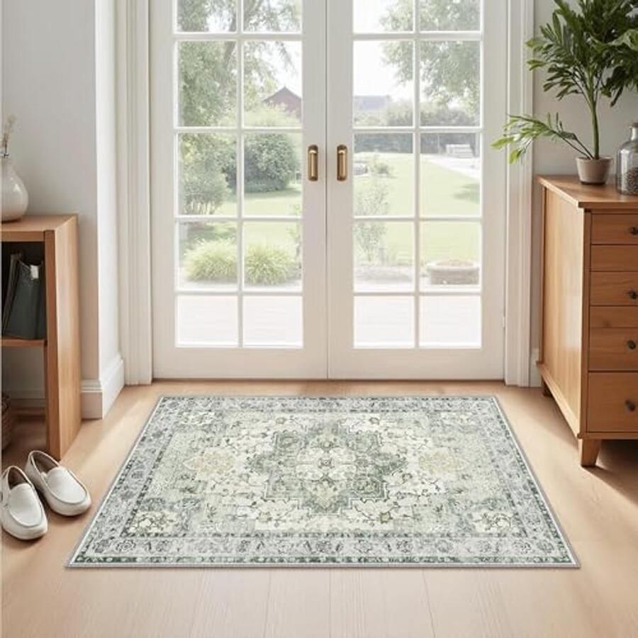 Vintage Machinewasbaar Groen Tapijt 60x150cm Vloerkleed met Antislip Achterkant voor Woonkamer Slaapkamer en Eetkamer