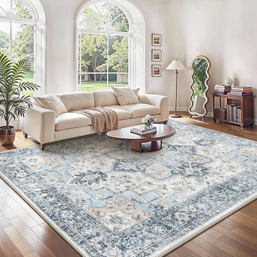 Vintage Machinewasbaar Tapijt voor Woonkamer en Slaapkamer Antislip Vloerkleed 200X290CM in Blauw
