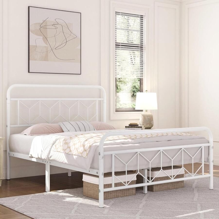 Vintage Metalen Bedframe 140x200 cm Modern Minimalistisch Tweepersoonsbed met Opbergruimte en Lattenbodem