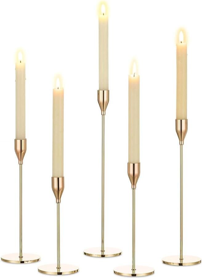 Vintage Metalen Gouden Kandelaar Set van 5 Kaarsenhouder voor Taper Kaarsen Kerst Advent Decor Bruiloft Feest Eettafel Centerpiece Thuis Schoorsteendecoraties