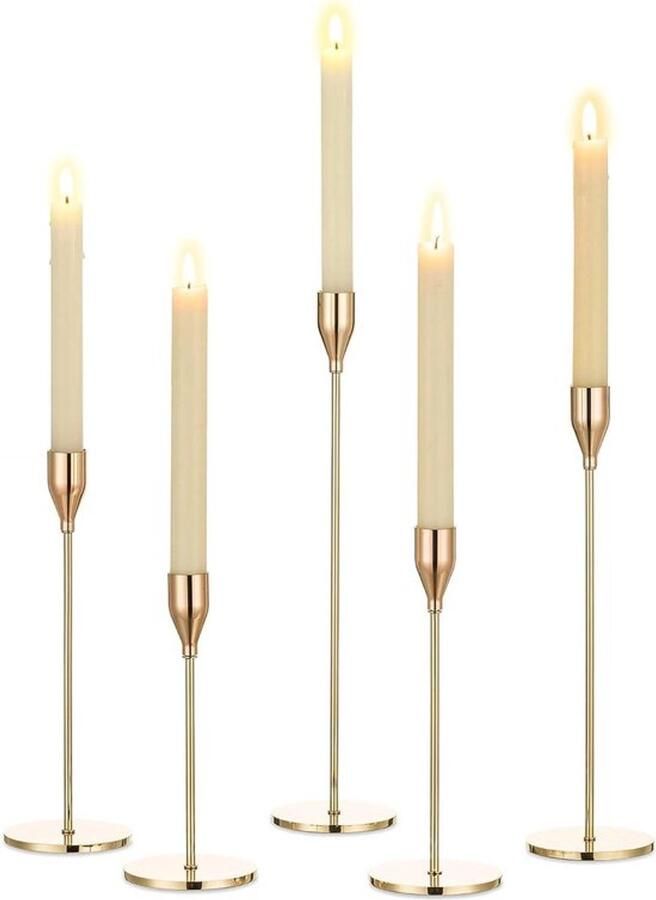 Vintage Metalen Kandelaar Set van 5 Gouden Kaarsenstandaard voor Taper Kaarsen Kerst Advent Decor Bruiloft Feest Eettafel Centerpiece Thuis Schoorsteendecoraties