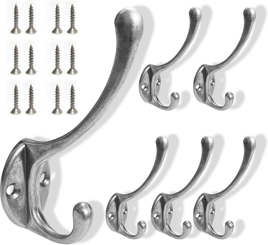 Vintage Metalen Kledinghaken Dubbele Garderobehaken voor Wandmontage Set van 6 Stuks