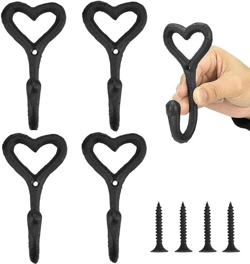Vintage metalen liefdeshart wandgemonteerde haak set van 4 stuks Zware ijzeren wandhaken met schroeven Voor badkamer keuken slaapkamer Kapstokhaak voor kleding tassen handdoeken