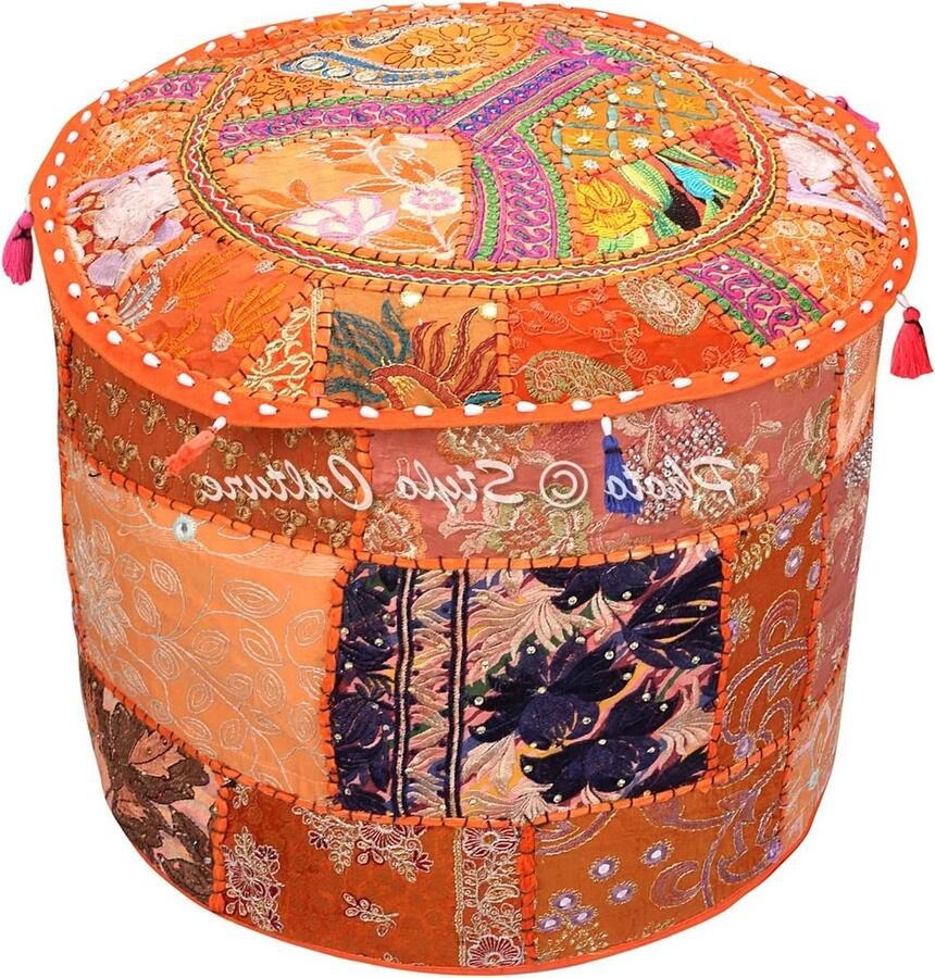 Vintage Oranje Indische Geborduurde Patchwork Katoen Traditionele Ronde Poef Stoel Ottomaanse Cover 16x16x13 Inch 40cm