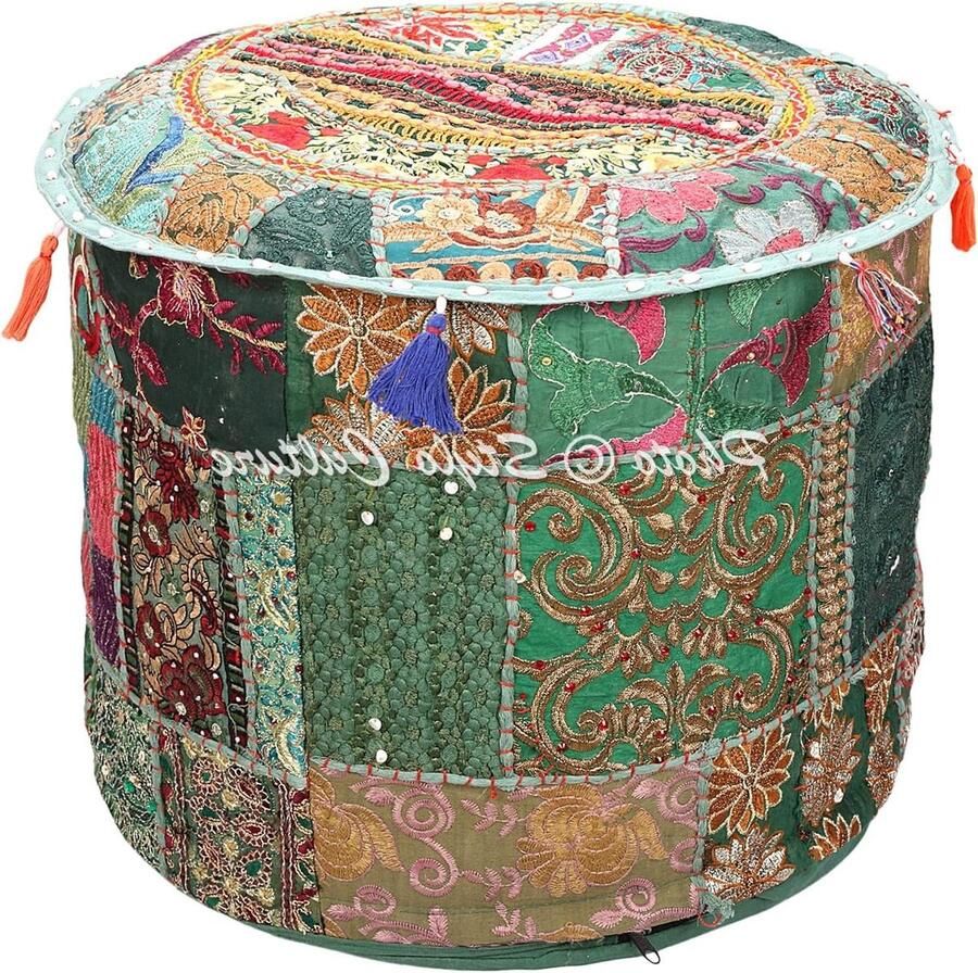 Vintage Donkergroene Indiase Geborduurde Patchwork Katoenen Poefstoel Cover Traditionele Ronde Ottomaanse Poef Cover (18x18x13 Inch) 45cm