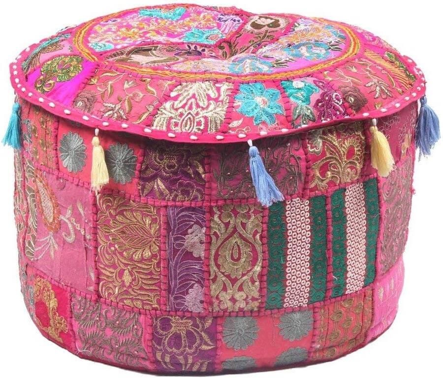 Vintage Patchwork Poef Handgemaakte Ottomaanse Hoes voor Woonkamer Ronde Katoenen Poef Cover (Roze 55 9 x 55 6 x 35 6 cm)