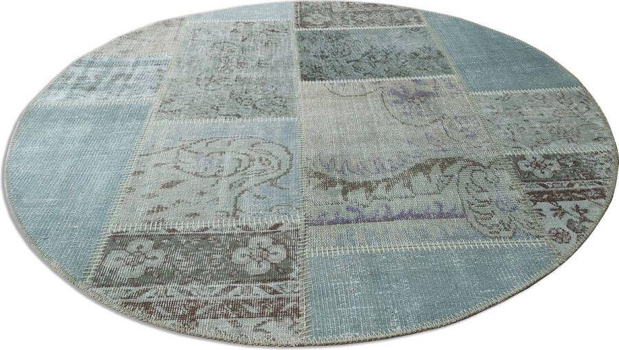 Vintage Patchwork Vloerkleed 160x160 Groen Blauw Uniek handgemaakt Cadeau voor Kerstmis