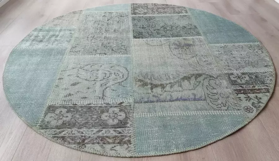 Vintage Patchwork Vloerkleed 160x160 Watergroen Rond Uniek handgemaakt Origineel Katoen Laagpolig Vloerkleed – Anti slip Tapijt Duurzame Natuurlijke Materialmen Moderne Vloerkleed Exclusief -Cadeau voor Vrauw – Moederdag