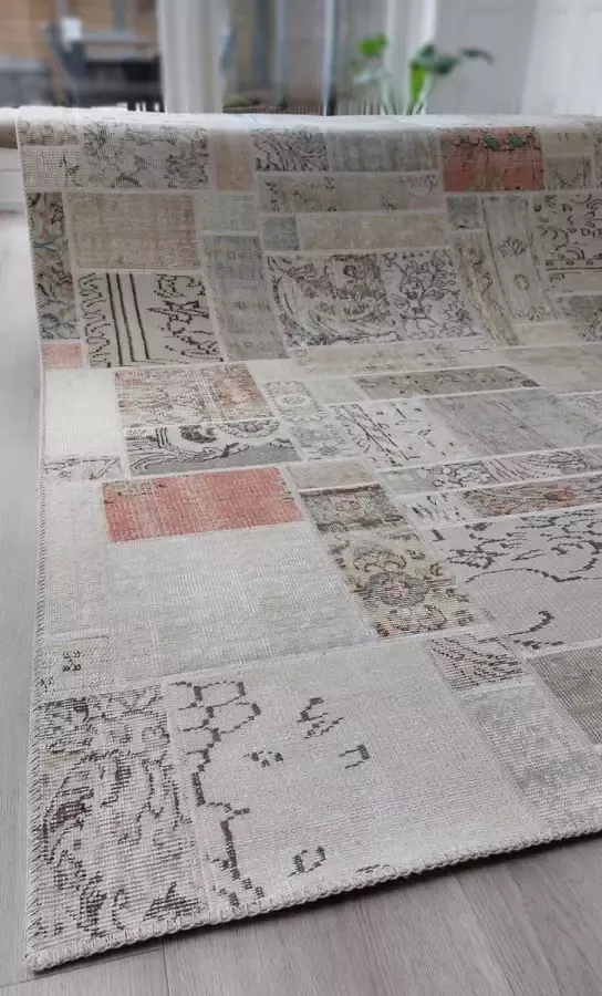 Vintage Patchwork Vloerkleed 170x230cm Beige Uniek handgemaakt Origineel tapijt Laagpolig Vloerkleed – Anti slip Tapijt Duurzame en Natuurlijke Materialmen Moderne Vloerkleed Handgeknoopte Turkse Tapijten -Exclusief Vloerkleed - Foto 2