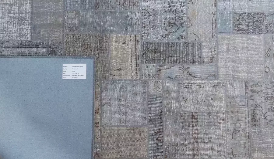 Vintage Patchwork Vloerkleed 170x240cm Grijs Uniek handgemaakt Origineel tapijt Laagpolig Vloerkleed – Anti slip Tapijt Duurzame en Natuurlijke Materialmen Moderne Vloerkleed Handgeknoopte Turkse Tapijten Exclusief Vloerklee - Foto 3