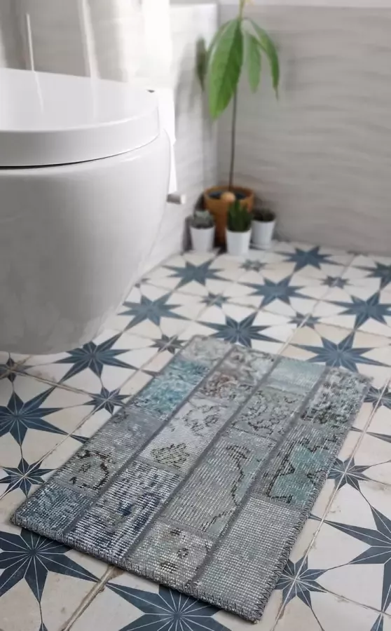 Vintage Patchwork Vloerkleed 40x60 Lichtblauw Klein vloerkleed Uniek handgemaakt Katoen Laagpolig Vloerkleed – Anti slip Tapijt Duurzame Natuurlijke Materialmen Loper voor in de gang keuken badkamer Cadeau Vrauw – Moederdag - Foto 2
