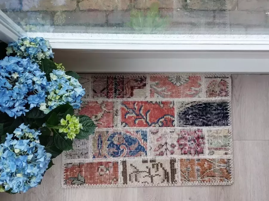 Vintage Patchwork Vloerkleed 40x60 Rood Bruin Klein Uniek handgemaakt Katoen Laagpolig Tapijt voor in de gang badkamer Moederdag