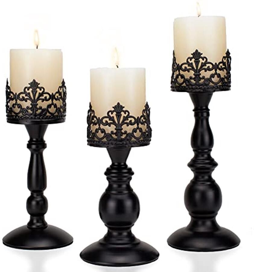 Vintage Pijler Kandelaars Set van 3 Mat Zwart Decoratie voor Tafel