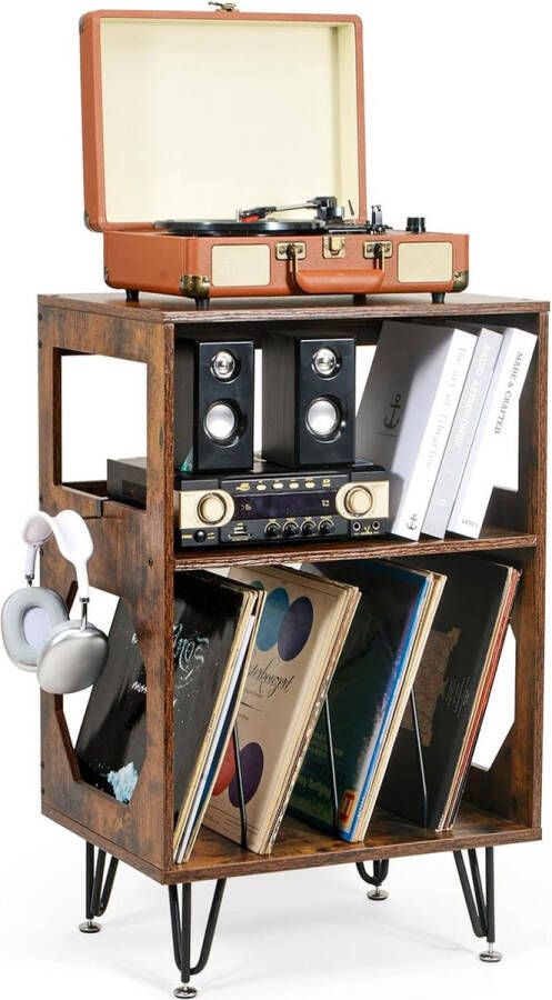 Vintage platenspelstandaard bijzettafel platenspeler rek met opbergruimte houten platenspeler vinyl houder met metalen poten geschikt voor 160 albums voor woonkamer slaapkamer kantoor