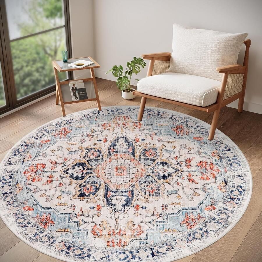 Vintage Rond Tapijt 160cm Blauw voor Slaapkamer en Woonkamer Wasbaar en Antislip Vloerkleed