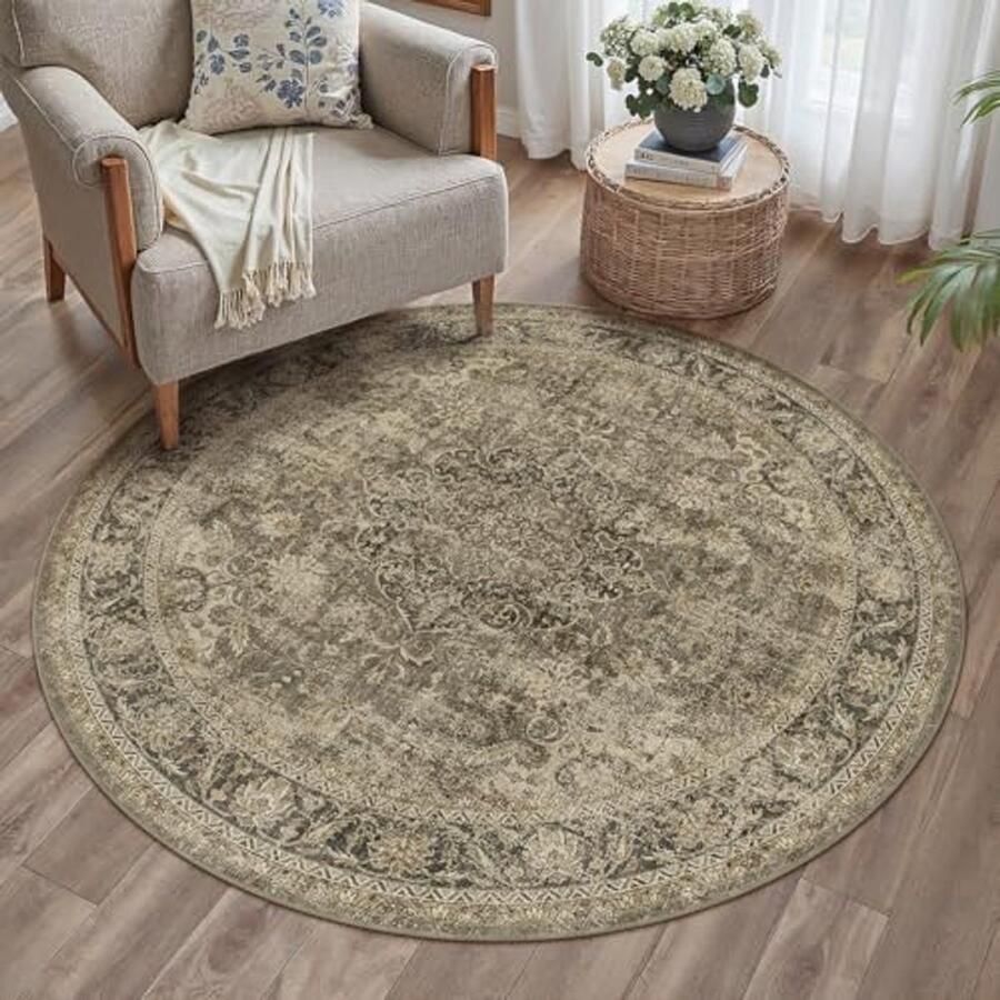 Vintage Rond Tapijt Bruin 150cm Machinewasbaar en Antislip Perfect voor Kantoor Slaapkamer Wasruimte en Keuken