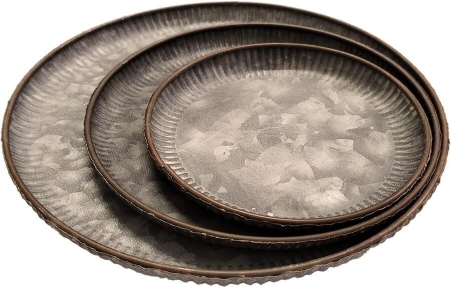 Vintage ronde gegalvaniseerde dienbladen set van 3 met roestkleurige bekleding decoratief middelpunt voor eettafel boerderijlook rustieke accessoires