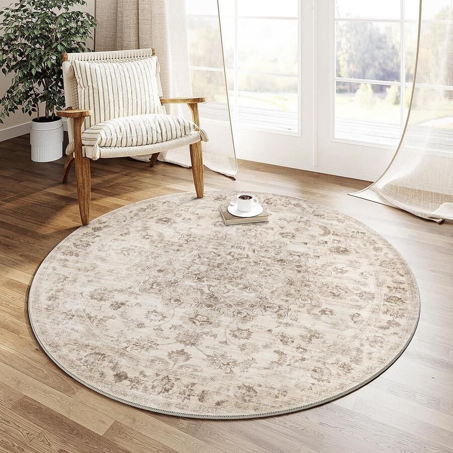 Vintage Ronde Tapijt 120cm Beige Machinewasbaar Antislip Vloerkleed voor Kantoor en Thuis