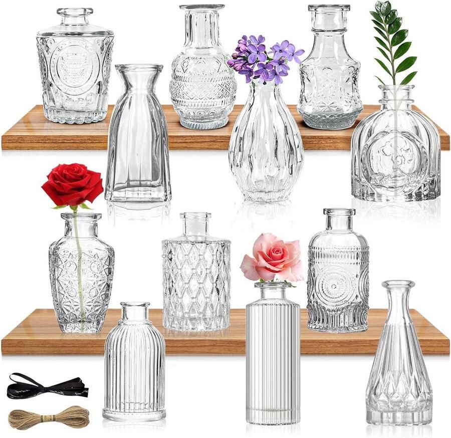 Vintage Set of 12 Small Glass Vases Mini Glass Table Centerpieces for Living Room Dining Table Wedding Bedroom Indoor Decoration with Flowers